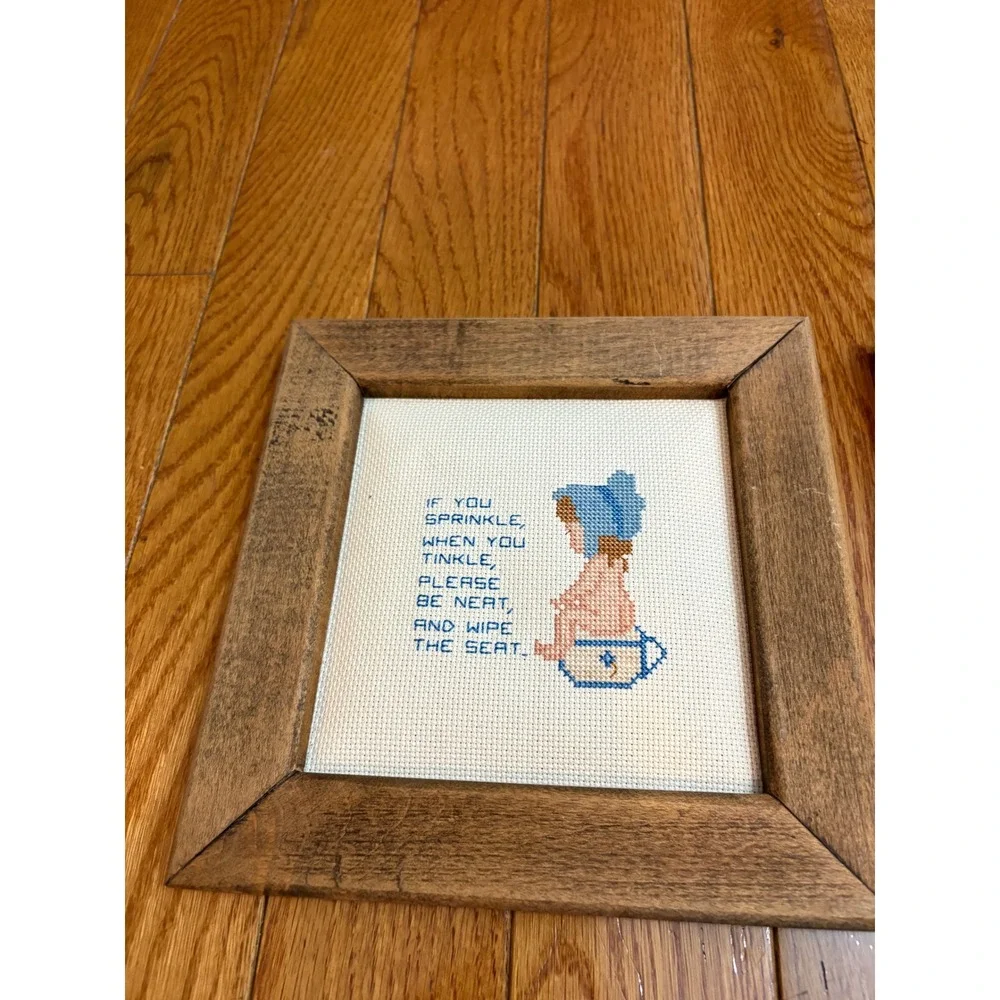 Lot‎ of 3 Vintage Framed Cross Stitch Art Bathroom Humor Toddler Dog